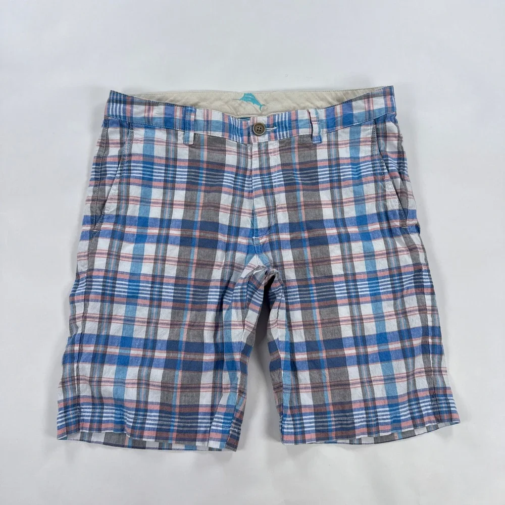 Tommy Bahama Mens Shorts 32 Blue Pink Plaid Linen Blend Flat Front Coastal